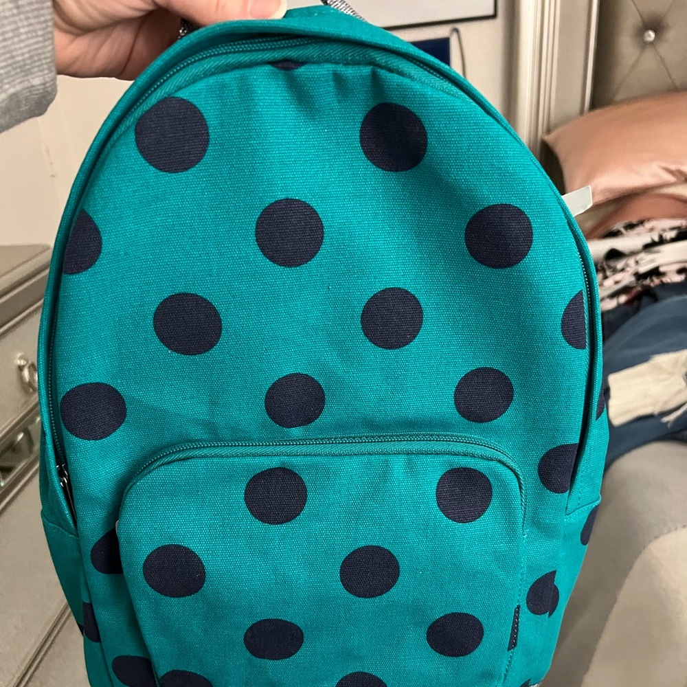 Kids teal backpack with black polka dots